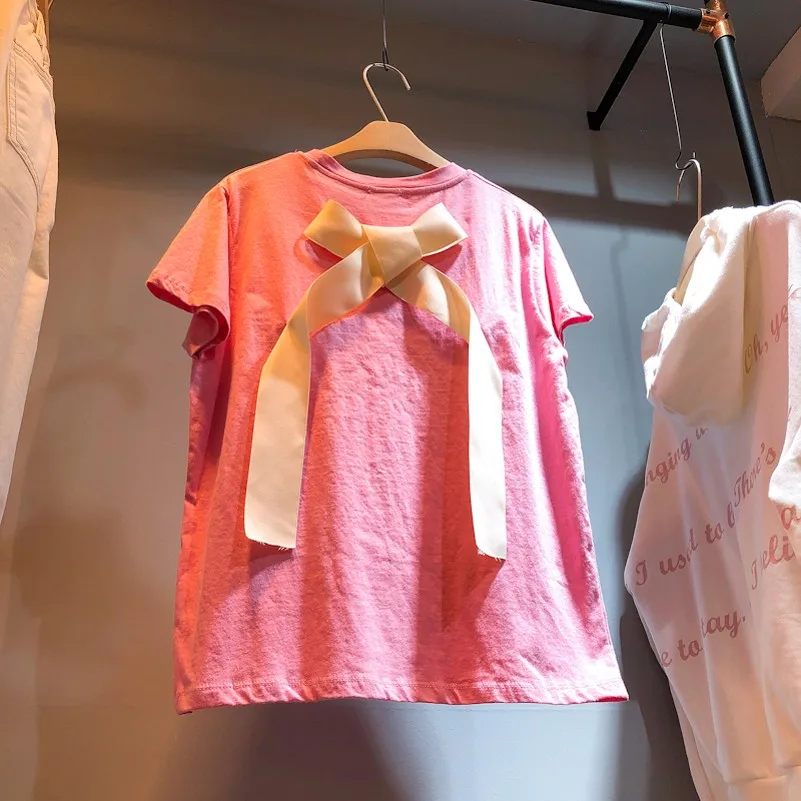 Korean Solid Back Decorate with Bows Women's T-shirt 2018 New Summer Vogue Short Sleeve Female Tee O Collar All Match Femme Tops | Женская