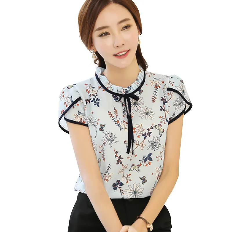 RibbonFish Women Spring Summer Style Chiffon Blouses Shirts Short Sleeve Flower Printed Bow Tie Decor Blusas Top Feminina DF1265 | Женская