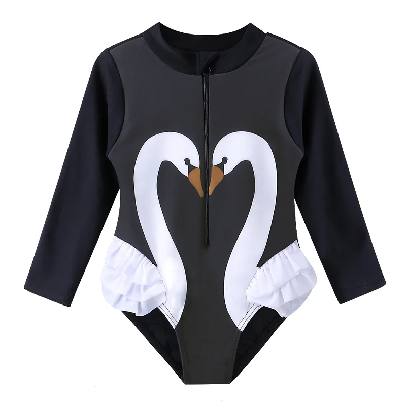 BlackSwan BAOHULU/милый слитный купальник для девочек, фламинго, детский купальник, бикини, УФ-УФ, UPF 50+, защита от солнца, с длинными рукавами, пляжный купальный костюм - Цвет: BlackSwan