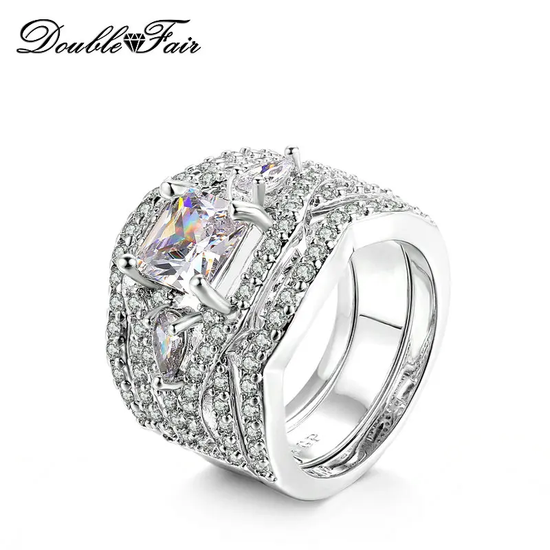 White Gold Plated Double Fair Марка Кубического Циркония Три Раунда Кольца Наборы Обручальное CZ Каменное Кольцо Набор Ювелирных Изделий Способа Для Женщин DFR643 - Цвет основного камня: White Gold Plated
