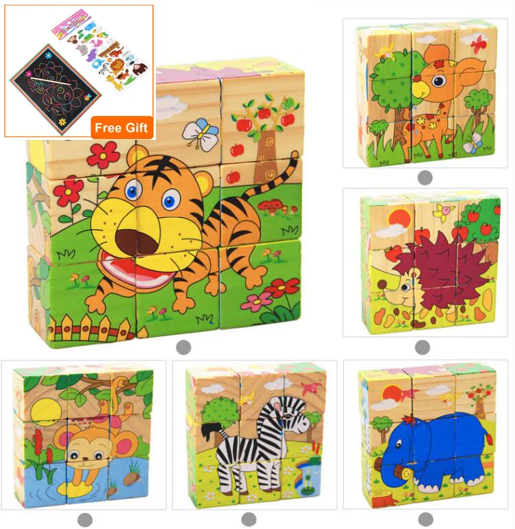 Animals 1 1TZ1GGH 1 шт., девять блоков, шестисторонняя 3D головоломка, кубики, Puzzlesd, деревянные игрушки для детей, детские развивающие игрушки, забавные игры GYH - Цвет: Animals 1 1TZ1GGH