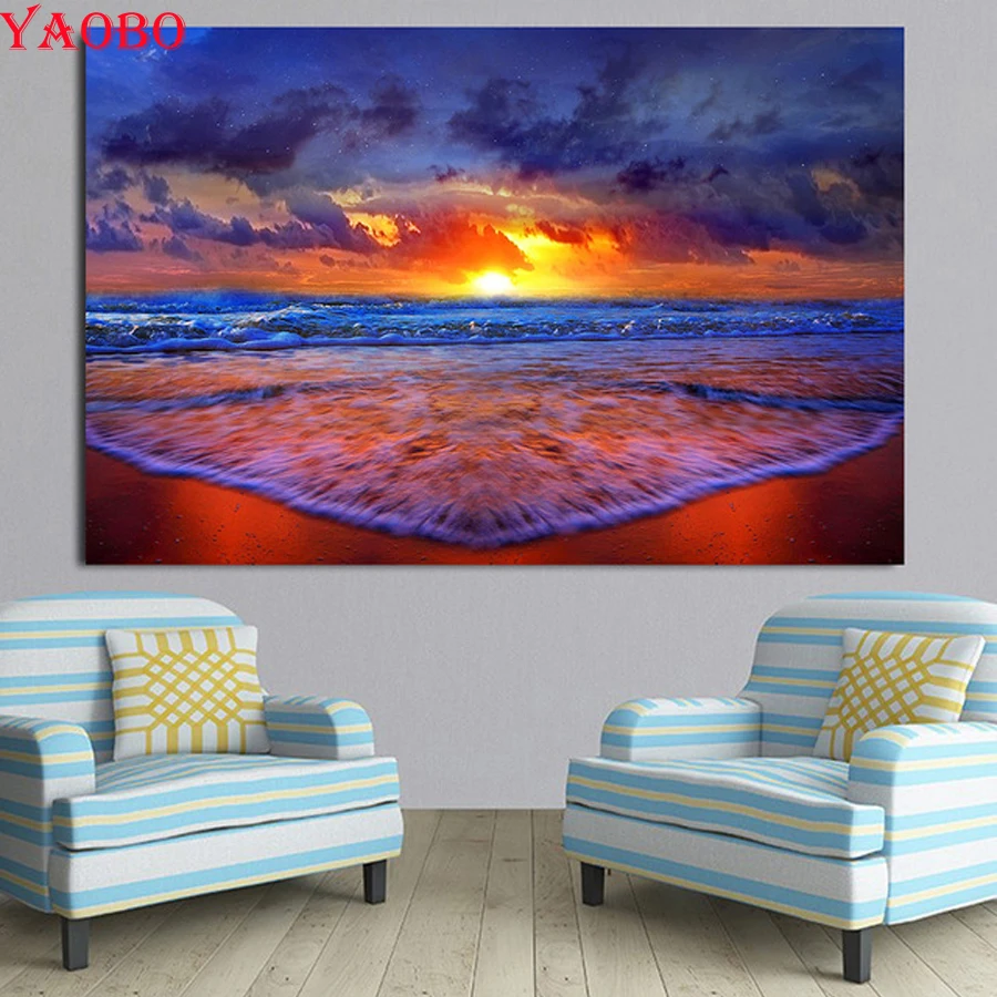 

diy 3d diamond embroidery Sunrise Sunset landscape diamond painting Sea Wave cross stitch mosaic new year decorations for home