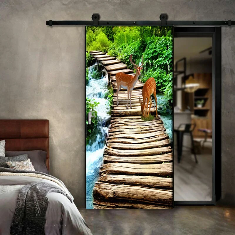 

Sika Deer Wooden Bridge Scenery Door Stickers Door Sticker DIY Mural Bedroom Home Decor Poster PVC Waterproof 3D Decals Decor