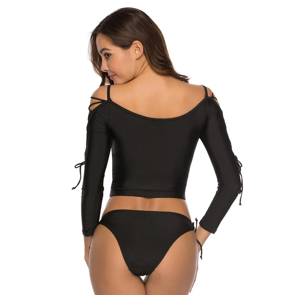 Женский купальник с длинными рукавами черный кружевной бикини вырезами лето