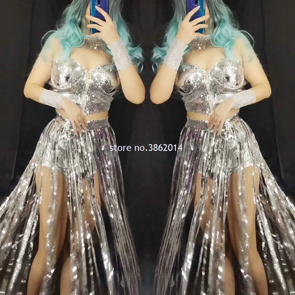 Блестящий серебристый Топ на бретелях с блестками и бахромой комплект из 2