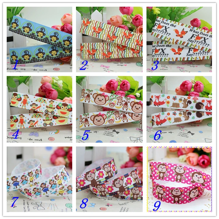 

7/8'' Free Shipping Monkey Fox Printed Grosgrain Ribbon Material Headwear Party Decoration Diy Sewing Craft 22mm S254