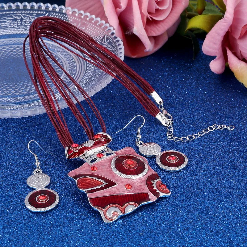 Летние Серебряные Ювелирные наборы для женщин Boho Веревка Цепи Многослойные Чокер ожерелья висячие серьги свадебный комплект ювелирных изделий