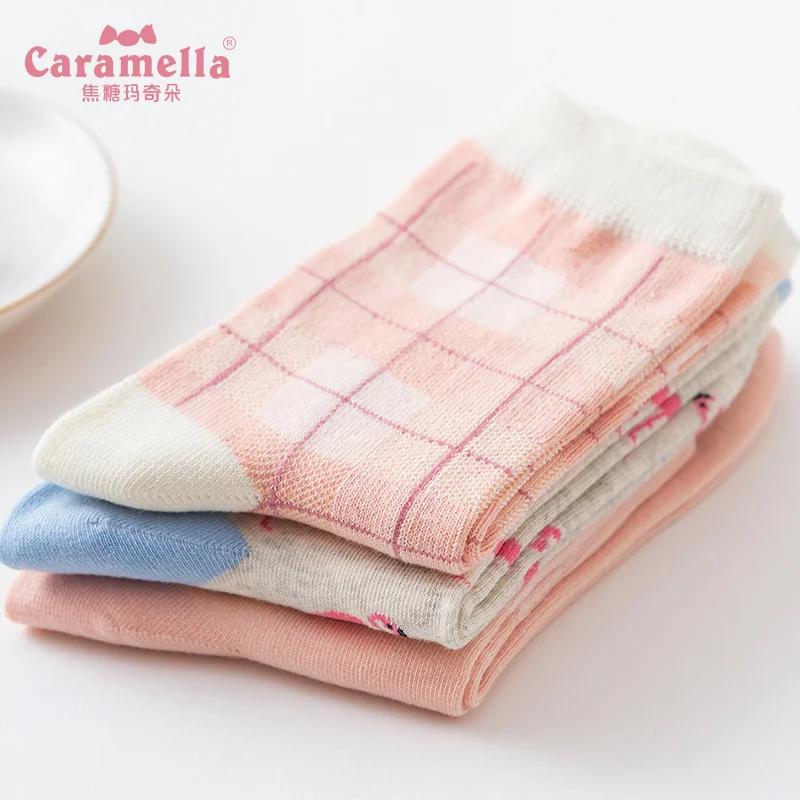 Caramella/3 пар/лот новинка, Хлопковые женские носки розовые милые короткие носки с изображением фламинго Повседневные носки с вышивкой животных для девочек 35-40
