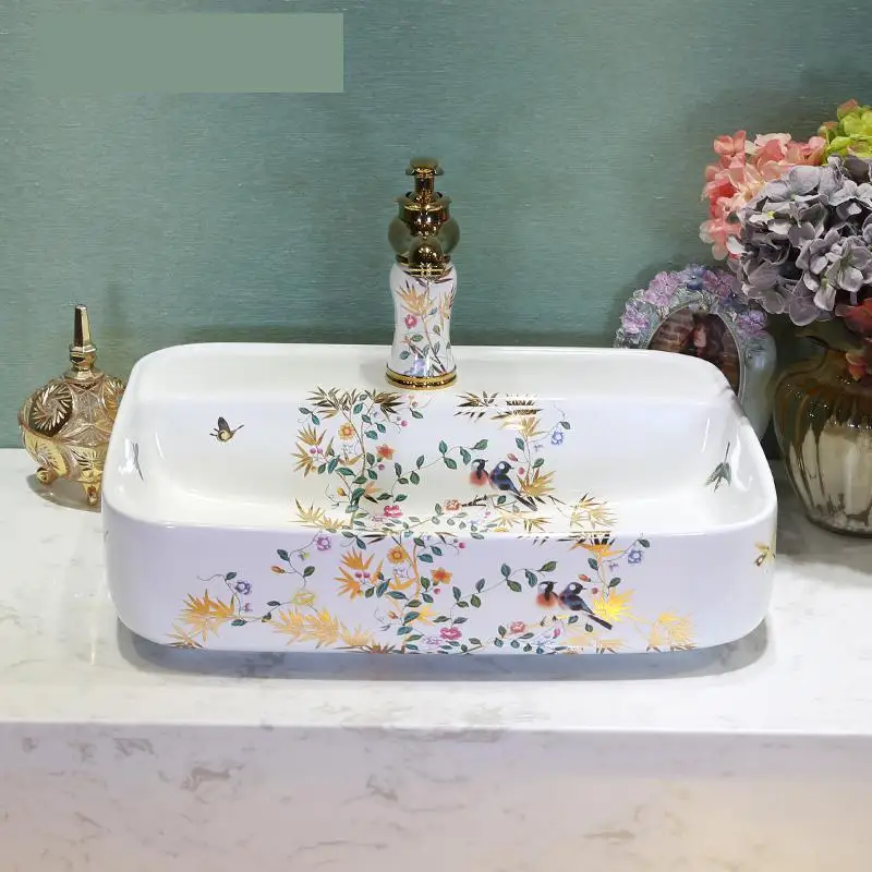 Керамический умывальник Lavabo ручной работы с цветами и птицами Европейский