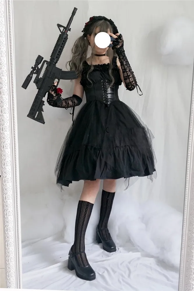 short black 3pcs Японское готическое платье лолиты JSK жилет с воланом платье без рукавов для костюмированной вечеринки винтажное платье с высокой талией костюмы для косплея - Цвет: short black 3pcs
