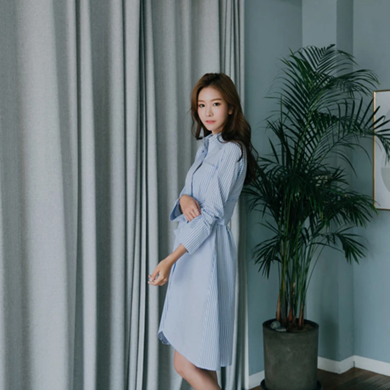 RUGOD Casual Blue Tunic Striped Shirt Dress Women Turn-down Collar Long Sleeve Belted 2018 Autumn Dresses Vestidos | Женская одежда