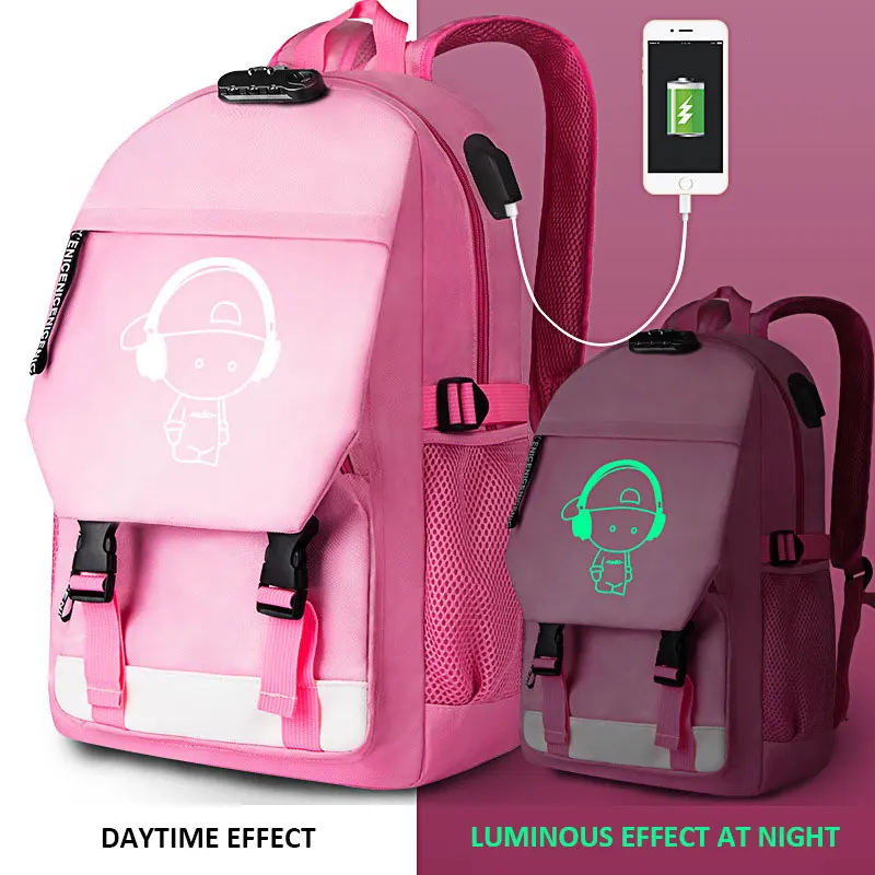 Дорожный Рюкзак Mochila, антикражный Светящийся рюкзак, 16 дюймов, для ноутбука, USB, рюкзак для женщин и мужчин, школьный рюкзак, сумка для мальчиков и девочек, мужской - Цвет: Pink music boy