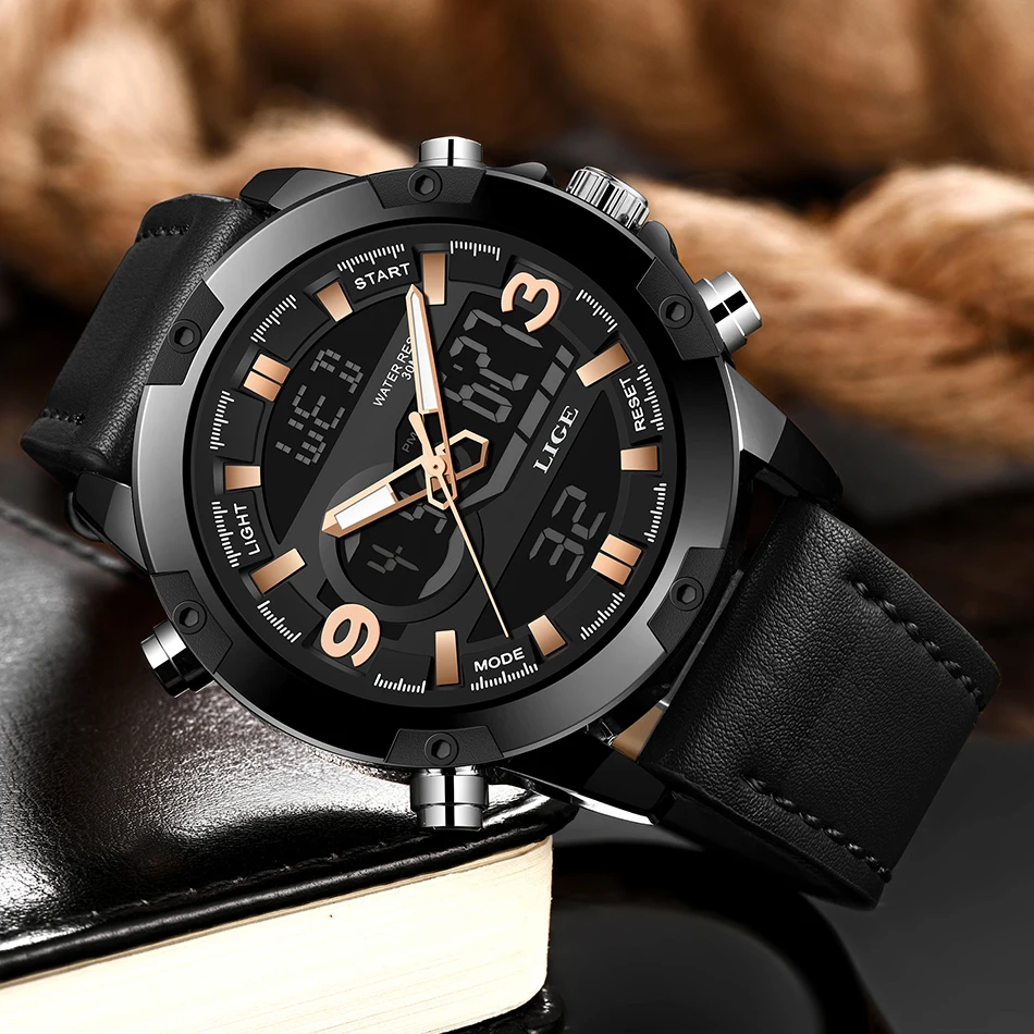 LIGE мужские спортивные часы с 2 часовыми поясами Модные Военные светодиодные