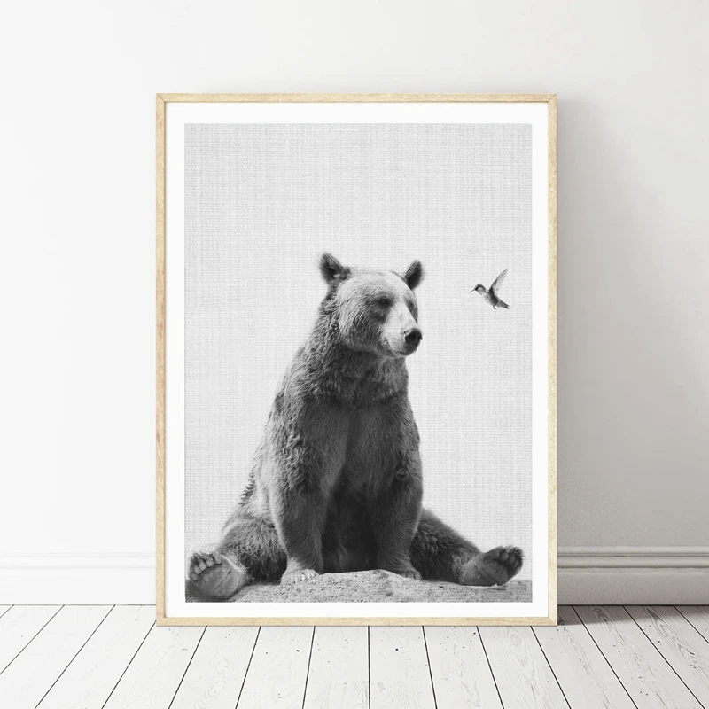 Лесной принт в виде медведя декор для детской стены черно белая детская картина с