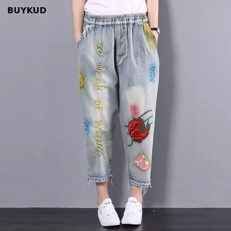 BUYKUD High Waist Ladies Ripped Jeans Women 2018 New Summer Casual Mom Elastic Wasit Denim Pants Cotton Long Trousers |