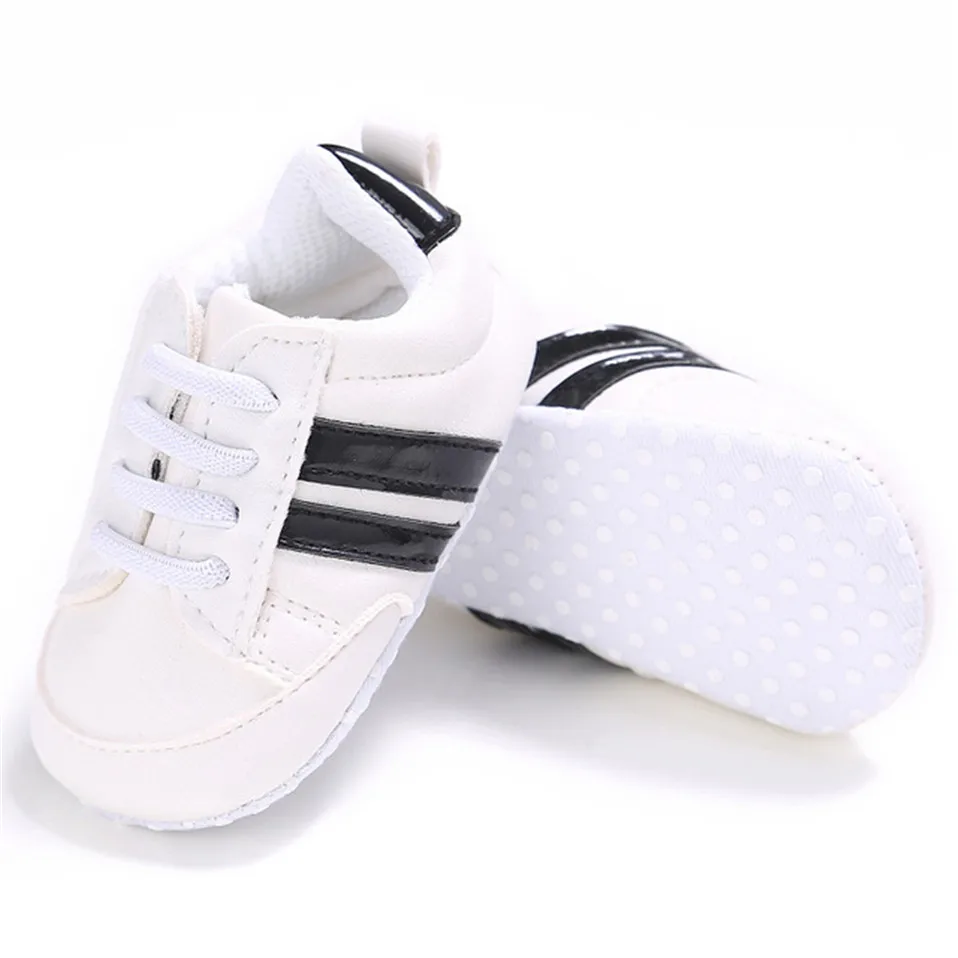 03 Детская обувь для новорожденных мальчиков и девочек с двумя полосками, для малышей, на шнуровке, из искусственной кожи, на мягкой подошве, кроссовки для детей 0-18 месяцев - Цвет: 03