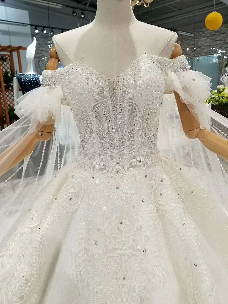 LS179445 sweetheart crystal wedding dresses with beads special off shoulder short sleeves bridal gown 2018 latest design | Свадьбы и