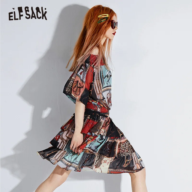 ELFSACK, сексуальное, с вырезом лодочкой, винтажный принт, женские платья, модное, рукав-фонарик, корейское женское платье,, уличная одежда, повседневная одежда