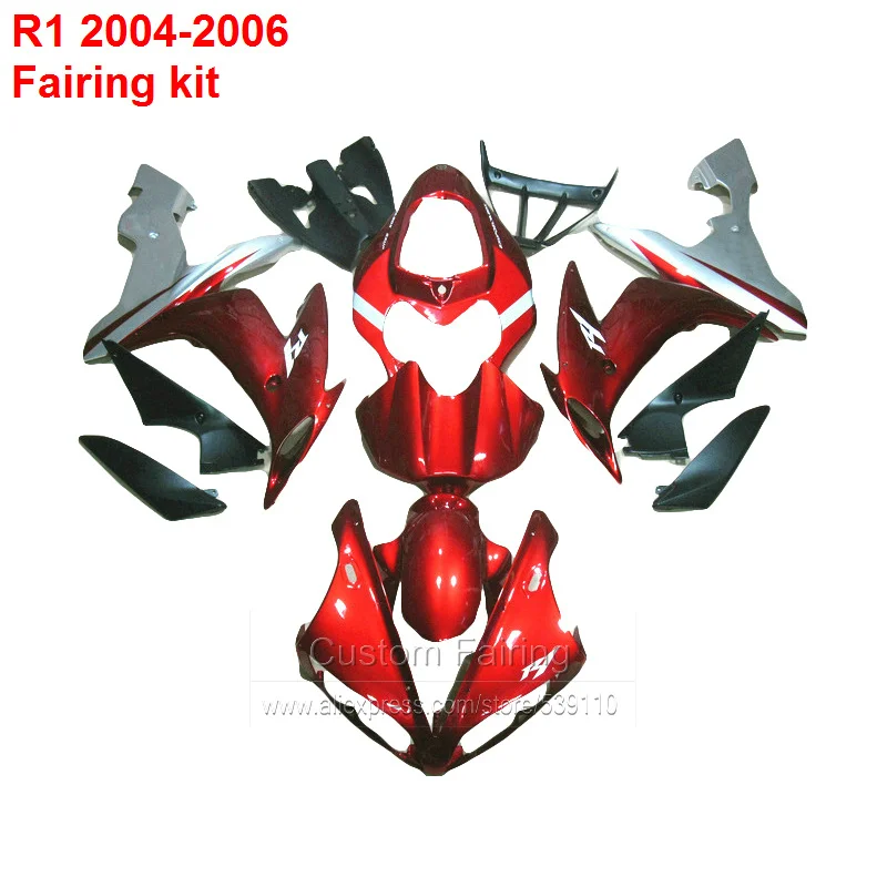 Комплект обтекателей для YAMAHA YZF R1 2004 2005 2006 (винно-красный + серебристый) 7 подарков