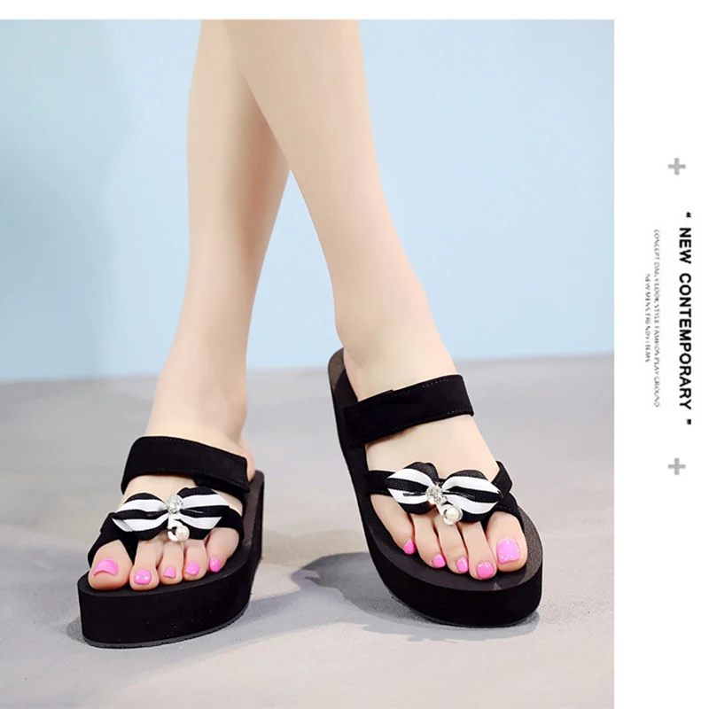 AShwin/женские летние босоножки женские стринги на танкетке с бантом модные