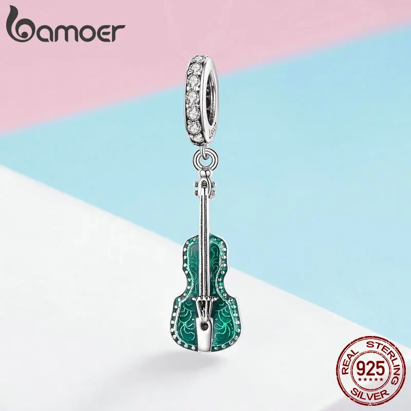 BAMOER Аутентичные 925 пробы серебро Музыка Скрипка зеленая эмалированная Подвеска fit Браслеты друзья браслеты ювелирные изделия подарок SCC1097
