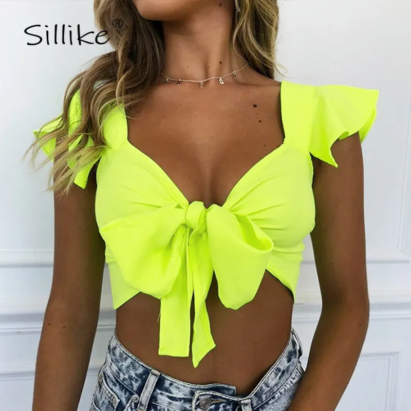 SILLIKE Sexy V Neck Bandage Crop Top Women Summer Bow Tie Sleeveless Casual Tank Pink Fashion Streetwear T-Shirts Tops Tee | Женская
