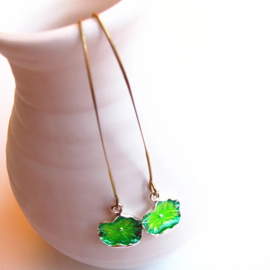 Зеленый лист лотоса свисающие Висячие медный крюк серьги этнические