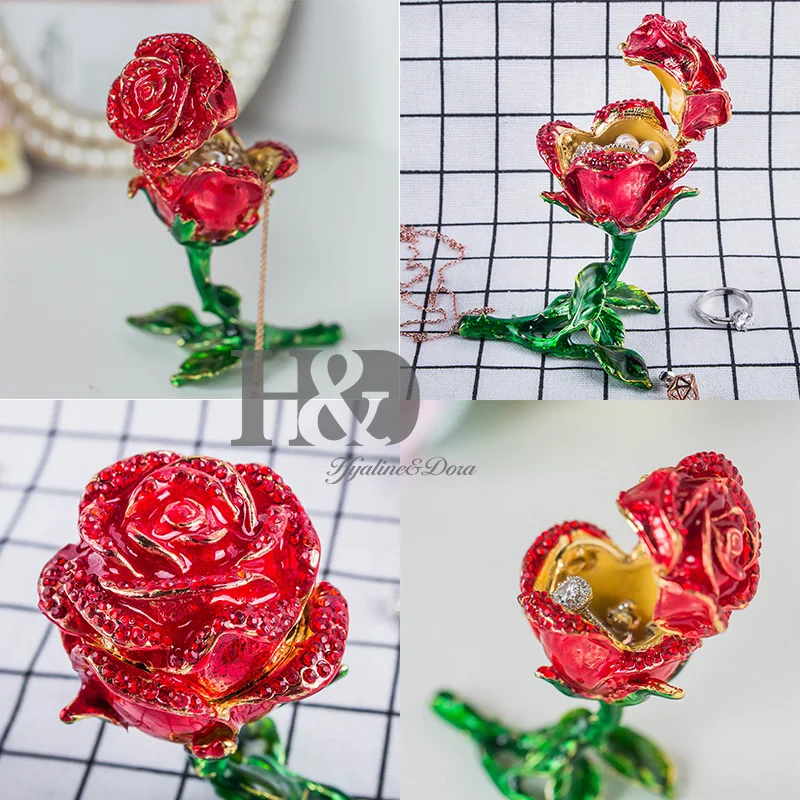 H&ampD Flower Trinket Box Hand-Painted Hinged Ring Holder Patterns Bejeweled Decor with Crystal Gift Collectible (red) | Дом и сад