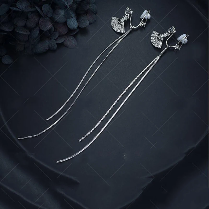 Tassel 6 Бренд Grace Jun AAA CZ длинные серьги-клипсы в форме сердца с бантом, модные свадебные серьги с кисточками, ювелирные изделия, серьги без отверстий - Окраска металла: Tassel 6