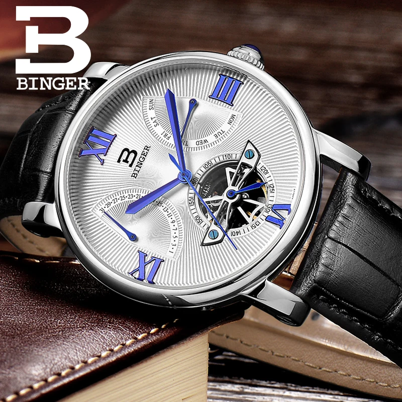 Мужские автоматические механические часы BINGER швейцарские с сапфиром и