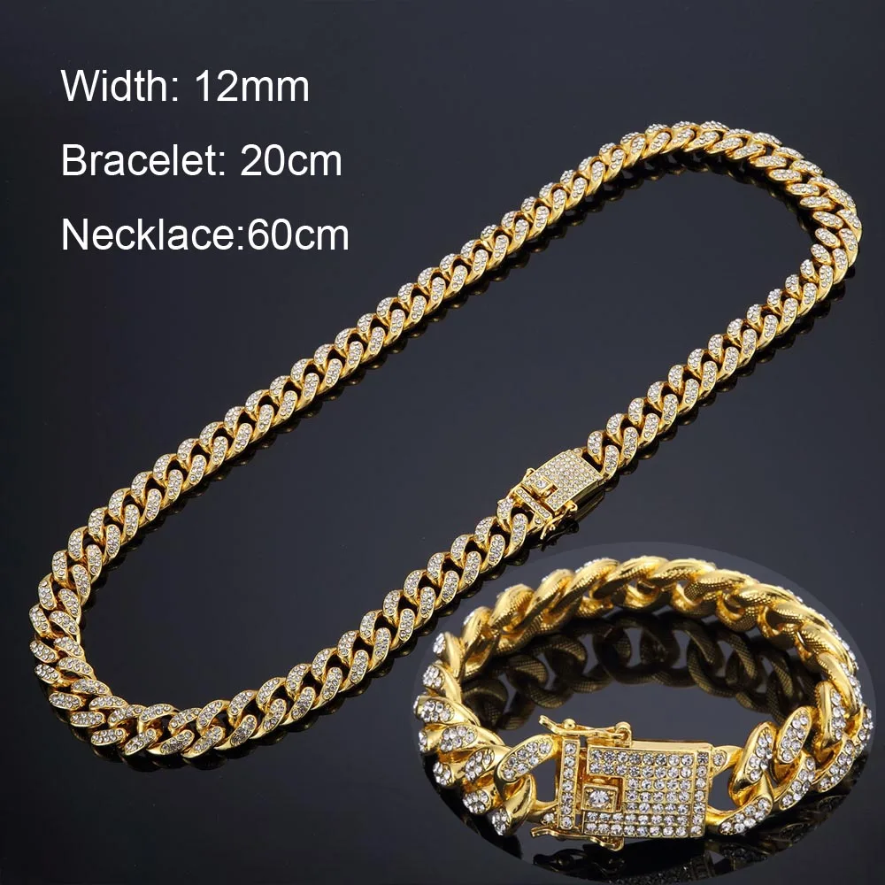 Хип-хоп Полный Bling CZ кубический цирконий Ювелирные наборы Золото Серебро кубинская цепь звено ожерелья шкатулка для браслетов застежка наборы миамский Кубра - Окраска металла: Gold 20 60