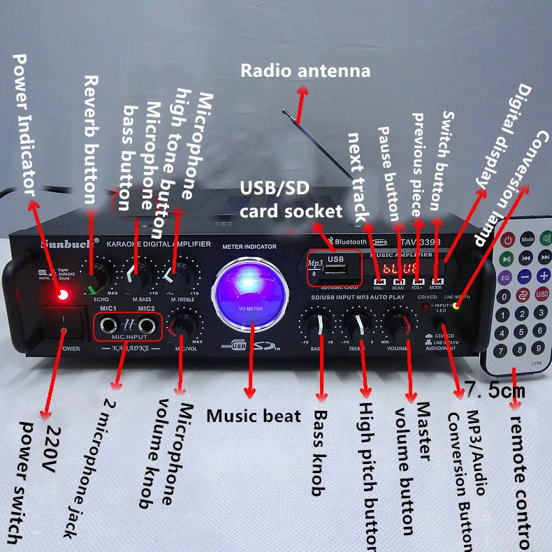 Домашний усилитель ktv 200 Вт 220 В Hi Fi с двойным микрофоном/картой/FM усилителем|fm