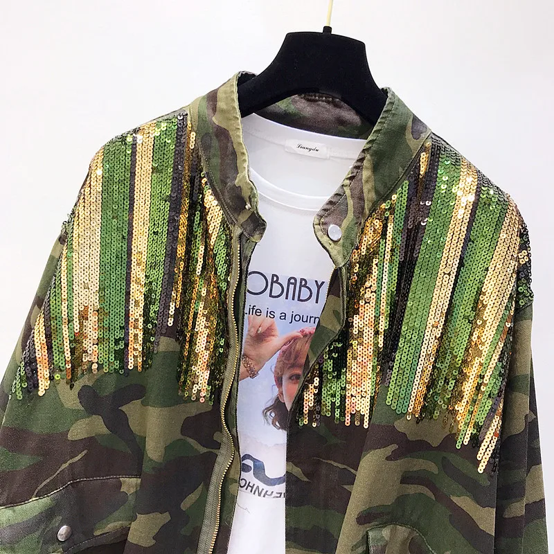 Cakucool Boho камуфляжная куртка Женская Блестящая джинсовая куртка на шнуровке с блестками куртка-бомбер джинсовая куртка с длинными рукавами Colete Feminino большой размер
