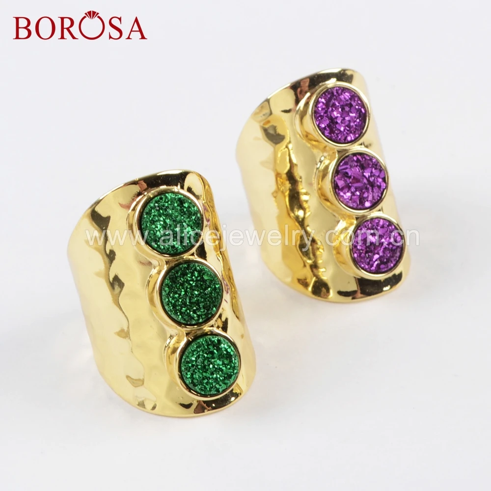 BOROSA 4pcs Round Titanium Dark Rainbow Druzy Band Ring Equality Three Gems Gold-color Rings Gifts ZG0366 | Украшения и