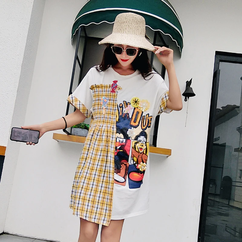 Robe femme ete 2018 Новое Брендовое платье-футболка в клетку стиле ретро с вышитым