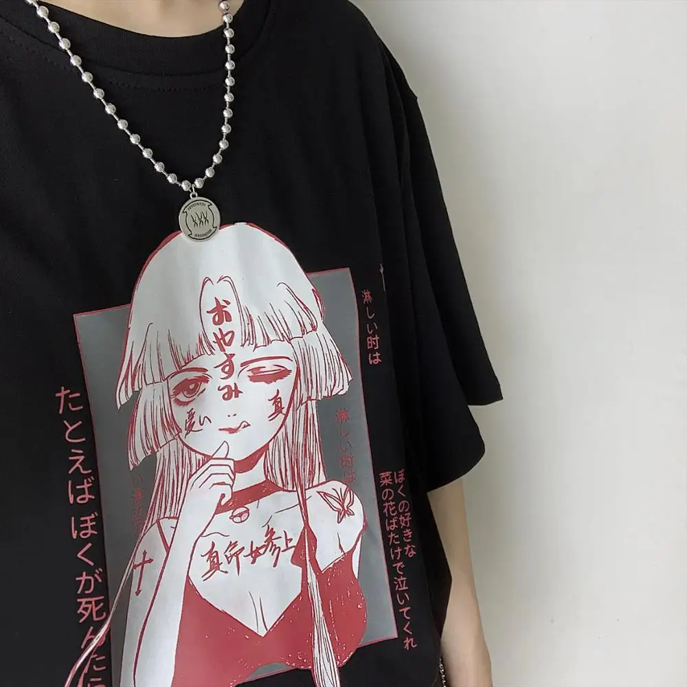 Harajuku Kawaii аниме футболка с принтом женская готическая негабаритная черная футболка Femme Топы Милые друзья белая футболка Корейская одежда 90s