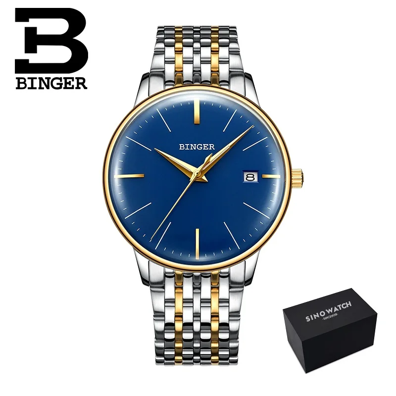 steel gold blue Seiko мужские механические часы с автоматическим перемещением, t BINGER, Топ бренд, роскошные мужские механические часы, relogio masculino, ремешок из нержавеющей стали с серым зеркалом - Цвет: steel gold blue