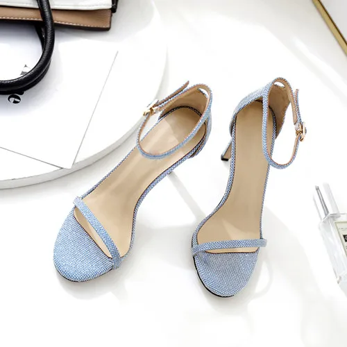 blue glitter Кожаные босоножки на высоком каблуке с открытым носком, женские босоножки из натуральной кожи с блестками и ремешком на щиколотке - Цвет: blue glitter