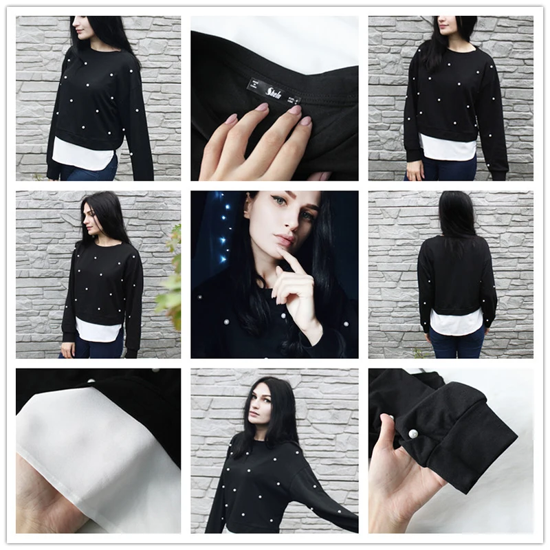 SHEIN Контрастный Модный Топ С Бусинами Женская Осенняя Повседневная Толстовка С Длинными Рукавами И Круглым Вырезом