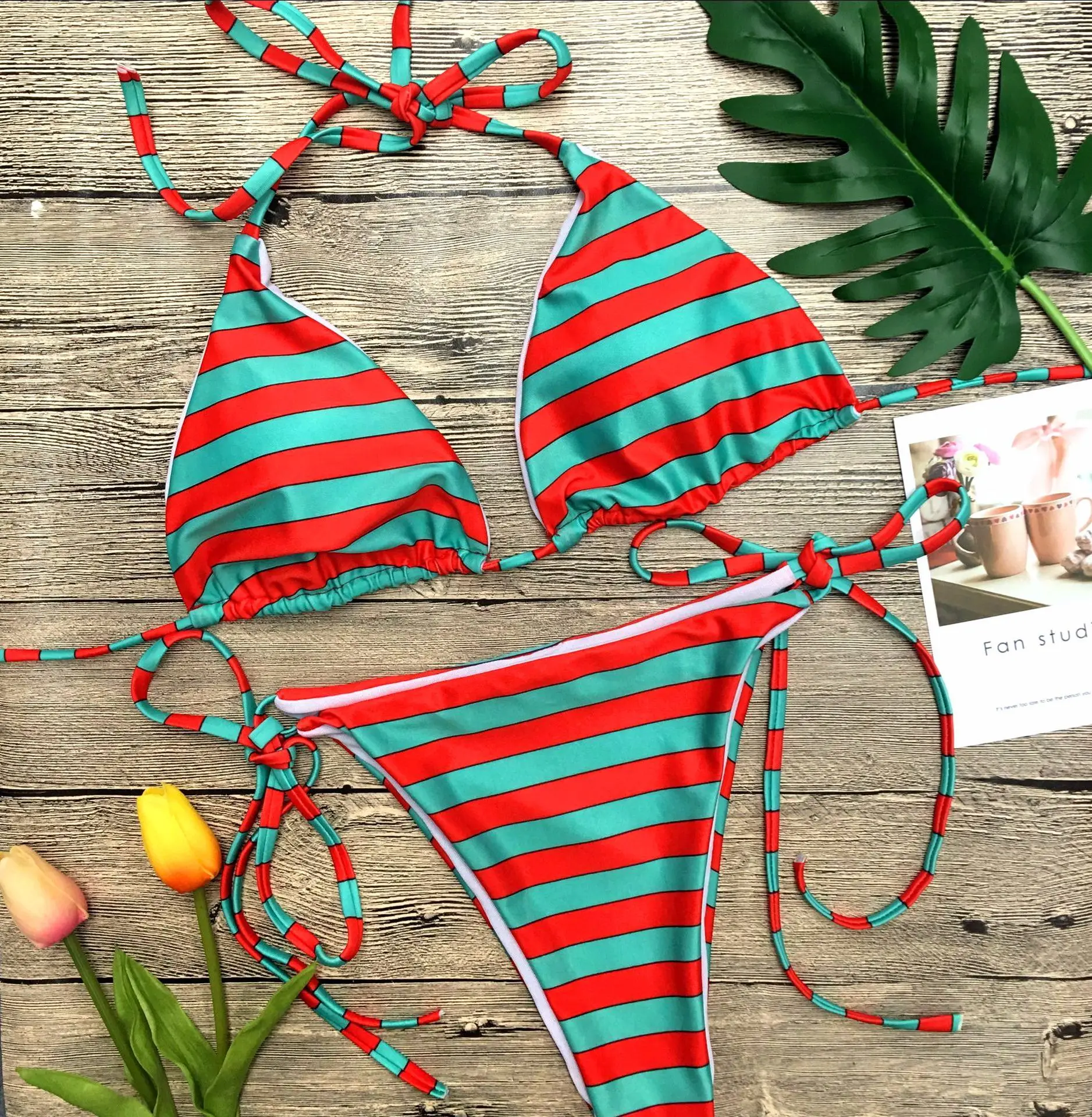 DBIRD Explosion models women red green striped sexy split bikini straps low waist swimming underwear beach suit 2018A72 |