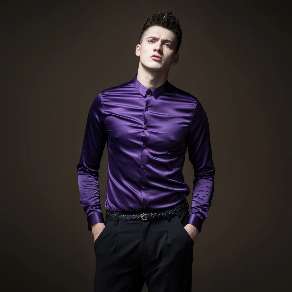 Осенняя мужская рубашка с длинным рукавом и воротником стойкой|Повседневные