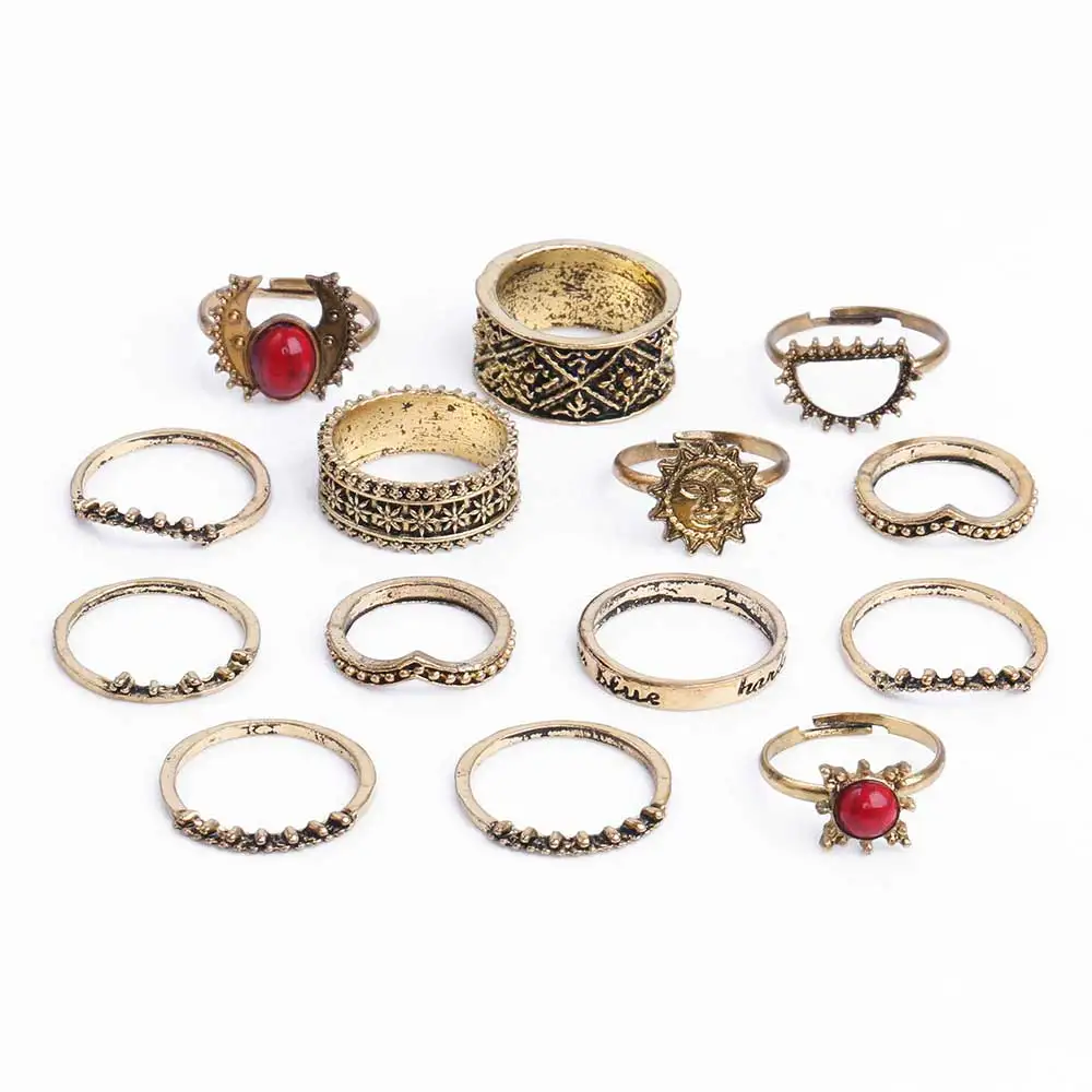 FAMSHIN 14 шт./компл. винтажные серебряные цвета Луна и солнце кольцо среднего размера