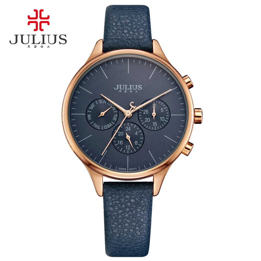 Роскошные женские часы JULIUS хронограф дата недели секундомер серебристые розовые