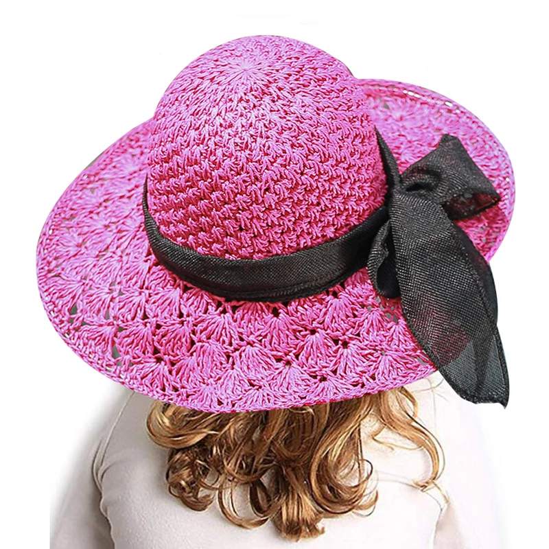 Женская соломенная шляпа с бантом летняя пляжная широкими полями и лентой