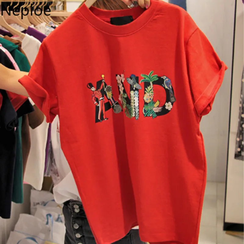 Neploe/женские футболки с буквенным принтом Лето 2019 свободные шикарные круглым