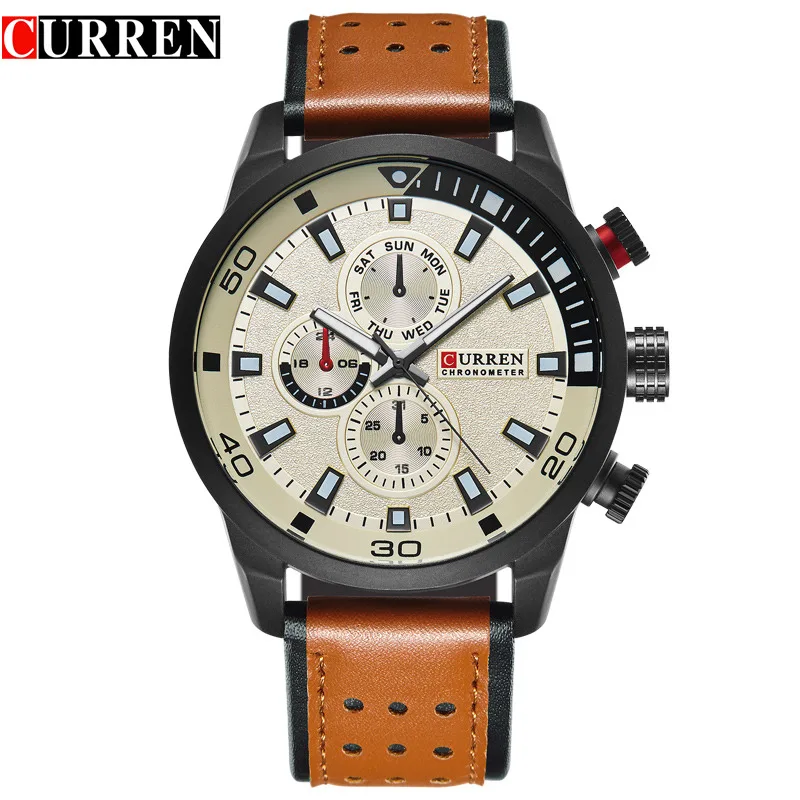 beige brown CURREN брендовые Топ Новые Модные Повседневные кварцевые наручные часы мужские кожаные relojes ремешок Круглый Кварцевые водонепроницаемые 8250 - Цвет: beige brown