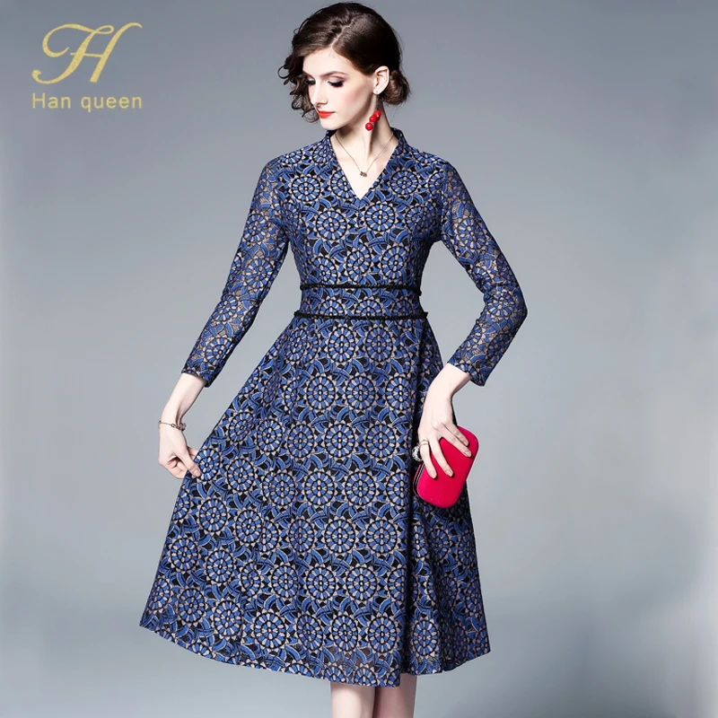 H Han queen, новинка, Vestidos, сексуальное кружевное женское платье с v-образным вырезом, винтажное, элегантное, с принтом, а-силуэт, вечерние платья, офисные, повседневные, летние платья
