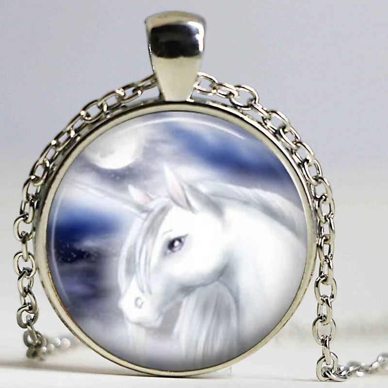 Оптовая стеклянная подвеска с изображением Серебряная цепочка единорогом