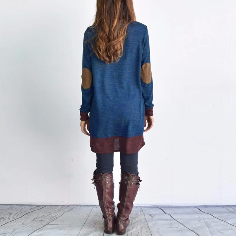 

Low Price Promotion Women Long Sleeve Patchwork Pullover Elbow Patches Cowl Neck Femme Long Tops Casual Blouse Shirts Thin