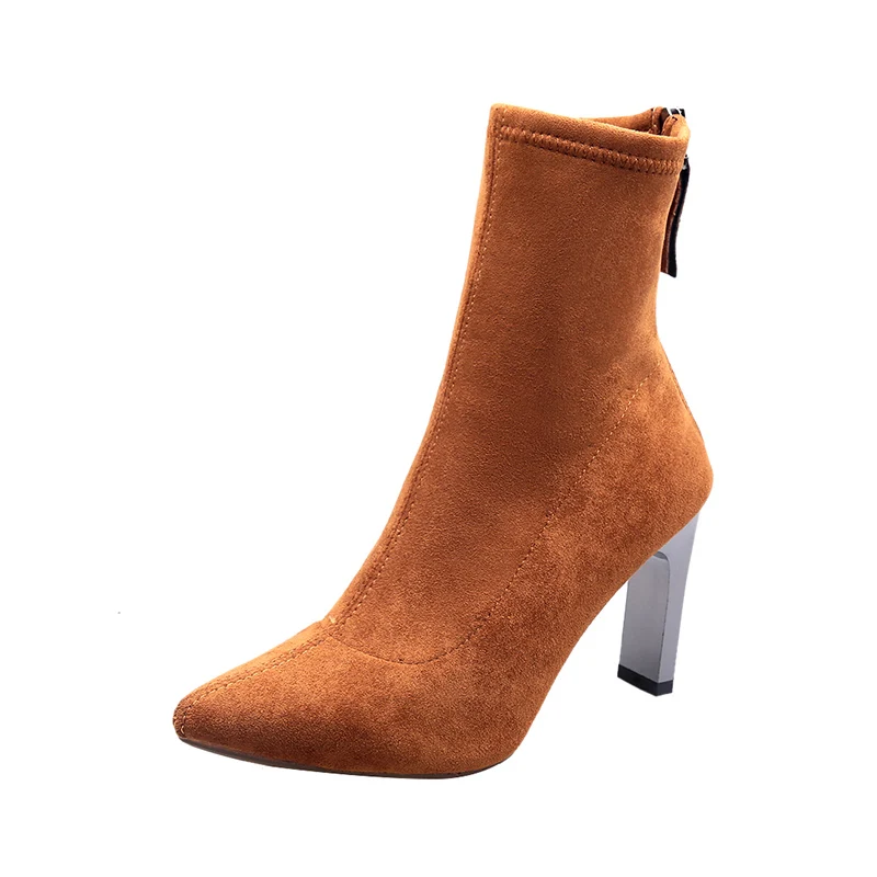 Brown-Square heel Aphixta/Сапоги на шпильке; женская обувь; женские сапоги из эластичной ткани на молнии; сапоги до середины икры с острым носком; эластичные высокие сапоги на тонком высоком каблуке - Цвет: Brown-Square heel